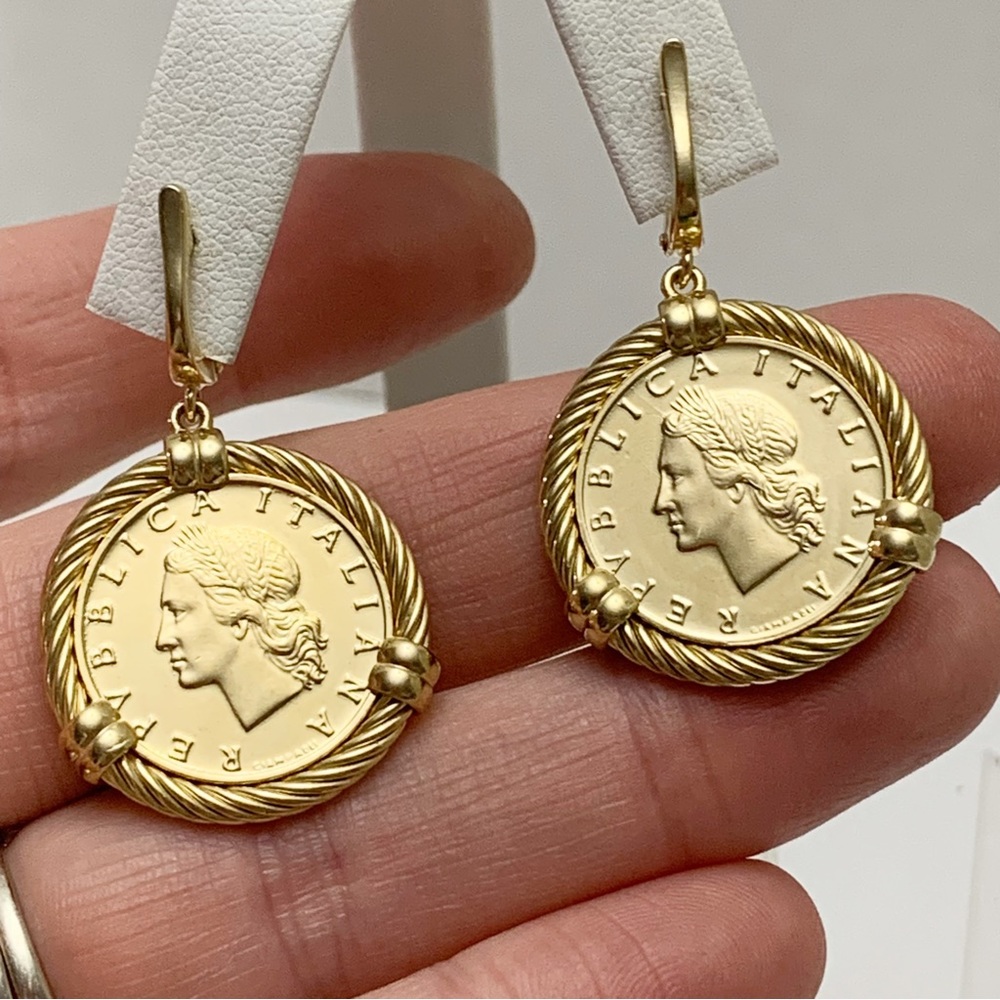 18k gold vermeil sterling silver Italian 20 Lira coin earrings 1970 1991